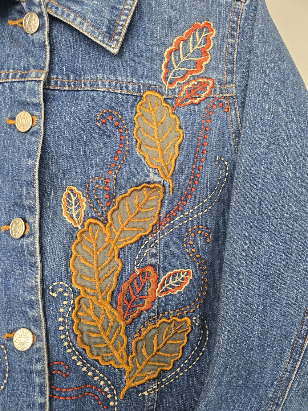 Embroidered Blue Denim Jacket with Fall Leaf Motif - Picture 9 of 17